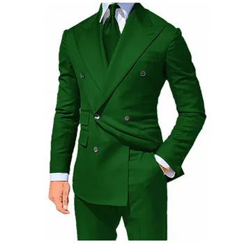 Мужской двубортный смокинг для банкета, выпускного вечера, танцев, блейзер, пиджак, зеленые свадебные костюмы для бизнеса (пиджак + брюки)