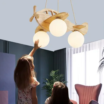 Мультяшная деревянная люстра в виде самолета для детей, спальня для мальчиков, светодиодная подвесная лампа для детской, Подвесные светильники для самолетов