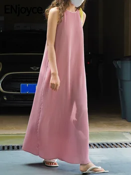 Наслаждайтесь 2023 Летним Винтажным Розовым плиссированным тонким платьем без рукавов, элегантным тонким длинным платьем с юбкой на бретельках, Пляжным сарафаном