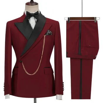Новый дизайн, Двубортный Мужской костюм с брюками, бордовый, 2 предмета, приталенный свадебный костюм, блейзер для выпускного вечера, мужская одежда