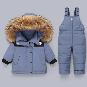 Новый пуховик для маленьких мальчиков, костюм для маленьких девочек, утолщенное зимнее пальто из двух частей + брюки, верхняя одежда из белого утиного пуха, натуральный мех