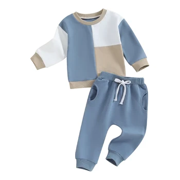 Одежда для маленьких мальчиков контрастного цвета Толстовки с длинными рукавами, однотонные брюки, осенне-зимняя одежда 2шт