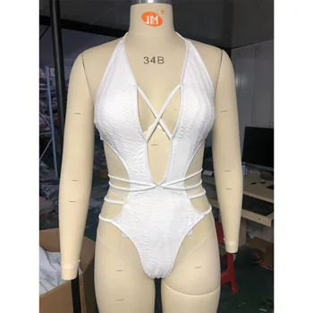 Однотонное белое бикини для женщин 2023, цельный купальник с высокой талией, сексуальный глубокий бандаж с V-образным вырезом, Монокини с открытой спиной, пляжная одежда