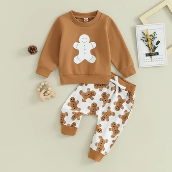 Осенняя рождественская одежда 2023 года для маленьких мальчиков и девочек, толстовки с длинными рукавами и принтом пряников, комплекты штанов на завязках для новорожденных