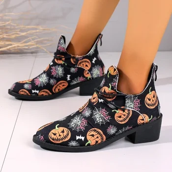 Парусиновая обувь V-образной формы на Хэллоуин, женские осенне-зимние легкие короткие ботинки с принтом тыквы, уличная модная повседневная обувь