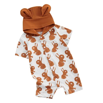 Пасхальные наряды для новорожденных мальчиков и девочек, комбинезон с кроликом, комбинезон с капюшоном, Мультяшная одежда для младенцев с коротким рукавом и пуговицами
