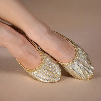 Прямые золотые тренировочные туфли, Новая профессиональная обувь для взрослых женщин для танца живота, тапочки на плоской подошве с кожаной подошвой Балерины