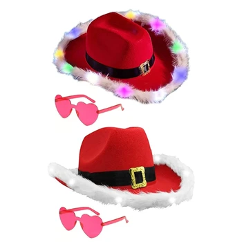 Рождественская светящаяся ковбойская шляпа, западная шапка Санта-Клауса, солнцезащитные очки, Ковбойская шляпа для женщин, прямая поставка