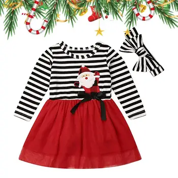 Рождественские Наряды для маленьких девочек Хлопчатобумажное платье в полоску с длинными рукавами для маленьких девочек Детская вечеринка Принцессы Вышивка Рождество