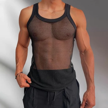 Сексуальные мужские футболки из прозрачной сетки 2023, модный Спортивный пуловер без рукавов, мужская одежда, однотонная облегающая футболка с круглым вырезом, топ