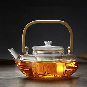 Стеклянный чайник с Термостойкой Боросиликатно-кипящей Утолщенной бамбуковой ручкой Бытовой Чайный сервиз WF