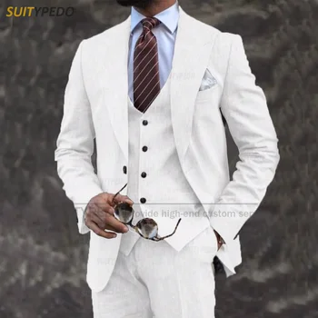Стильный мужской костюм из белого льна для вечеринки по случаю Дня рождения, Приталенный блейзер, жилет, брюки, 3 предмета, повседневная одежда, классические наряды