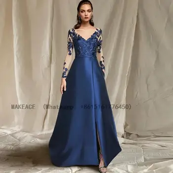 Темно-синие платья для матери Невесты Трапециевидной формы с длинными рукавами 2023, Длинные Вечерние платья для женщин на Свадьбу, Vestido Invitada Boda 2022
