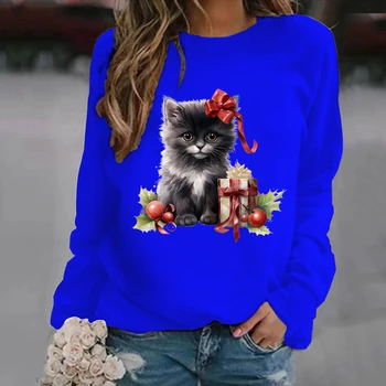 Толстовка с милым котом, бант и подарок, Рождественская графика, женская свободная повседневная толстовка с длинным рукавом, Рождественская толстовка с принтом милого кота для девочек