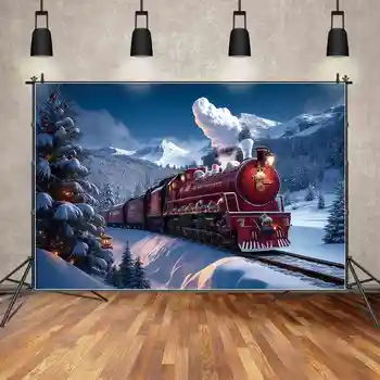 Фон для фотосъемки MOON.QG Рождественская вечеринка Поезд Сосны Лес Горы Детский Синий снег Зимняя Фотобудка