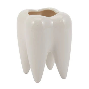 Форма зуба Белый керамический цветочный горшок Современный дизайн Модель плантатора для зубов Мини-настольный горшок Креативный подарок (без растений)