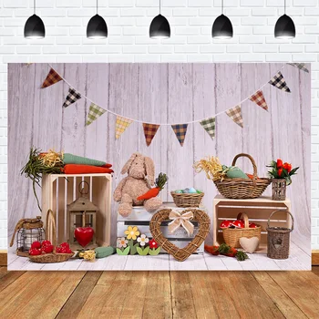 Фотофон для празднования Пасхи Пасхальный мультяшный кролик Деревянная стена Корзина моркови Весенний фон Фотостудия