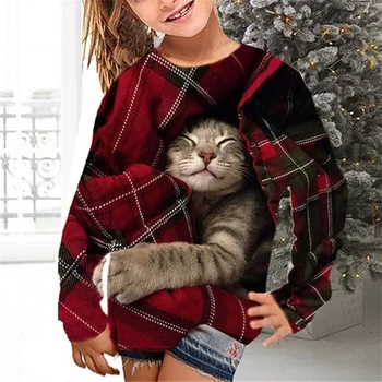 Футболка для девочек, Рождественская шляпа с котом, детская осенняя одежда для детей от 8 до 12 лет, модная одежда для подростков с длинным рукавом