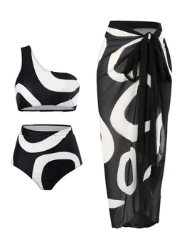 Черно-белый раздельный купальник с принтом, сексуальный бикини из двух частей на одно плечо, 2023 Женский бразильский купальник с высокой талией и пляжной юбкой-накидкой