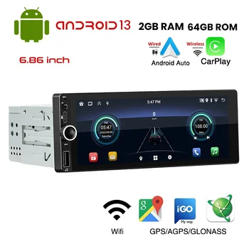 1Din Android 13 Автомобильный Радиоприемник Беспроводной CarPlay Авто Wifi Bluetooth Громкая Связь GPS FM RDS USB 6,86 