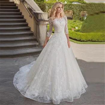 2021 Очаровательное кружевное Свадебное платье с рукавами и круглым вырезом, Свадебные платья принцессы трапециевидной формы, Свадебное платье невесты, пояса