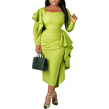 2023 Африканские вечерние платья для женщин, Осеннее элегантное Африканское облегающее платье из зеленого полиэстера с длинным рукавом, Дашики, Африканская одежда