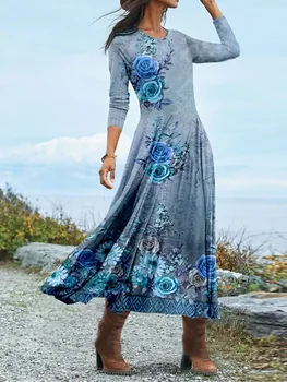 2023 Осенние богемные ретро платья для женщин Повседневное женское платье с цветочным принтом и круглым вырезом Элегантное приталенное шикарное вечернее платье
