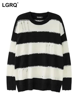 LGRQ Осенне-зимний Жаккардовый Свободный вязаный пуловер в контрастную полоску, женский уличный свитер с длинным рукавом, Изношенный дизайн, CPG0980
