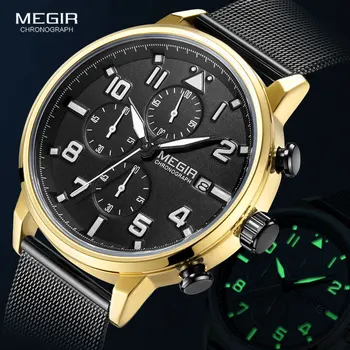 MEGIR 2020 Роскошные Мужские часы Модный Сетчатый ремешок Из Нержавеющей Стали Хронограф Кварцевые Часы Мужские наручные Часы Montre homme de luxe