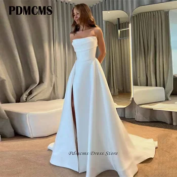 PDMCMS, атласные свадебные платья трапециевидной формы, без бретелек, с разрезом по высоте, женские белые длинные свадебные платья со шлейфом, простое платье невесты