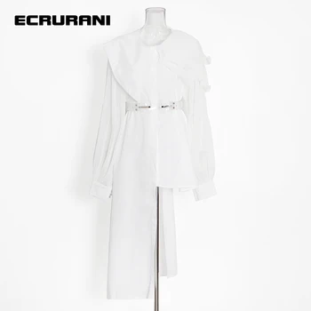 Белое Лоскутное Платье ECRURANI в стиле пэчворк Для женщин, Нерегулярный воротник, Длинный рукав-фонарь, платья с оборками на высокой талии, Женские платья 2021 года
