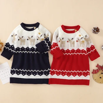 Детское рождественское платье-свитер Одежда с оленями для маленьких девочек Рождественское платье для девочек Вязаные зимние новогодние платья со снежинками для девочек