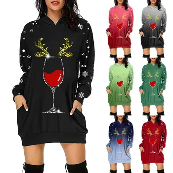 Женский свитер, толстовки, Женская повседневная толстовка с капюшоном с длинным рукавом, платье-пуловер с карманом, Рождественские толстовки для женщин, толстовка