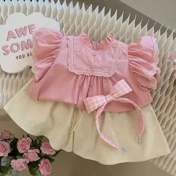 Комплекты летней одежды для девочек, футболка с короткими рукавами, сладкий розовый свободный однотонный модный комплект из 2 предметов