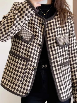 Шикарная элегантная женская куртка, Осенняя новинка Корейской моды, Черные пальто Оверсайз, однобортный повседневный блейзер в клетку, Женские куртки