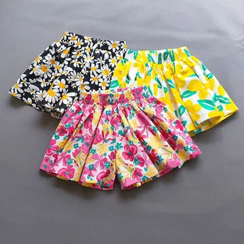 Шорты для девочек от 3 до 12 лет, летняя брючная юбка с цветочным принтом, детские шорты-пачки, свободные штанишки, плиссированная детская одежда для девочек